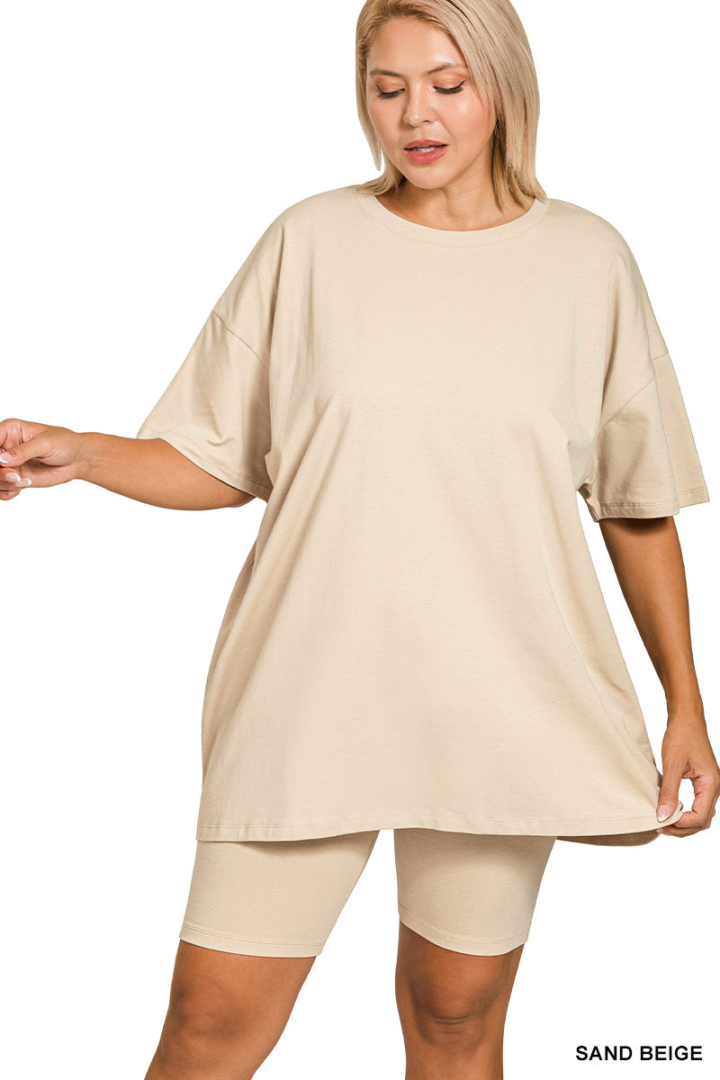 Oversized round neck top and biker shorts set/sand beige