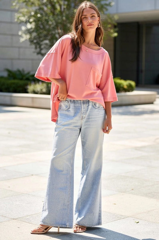 Oversized Ribbed Top-Coral