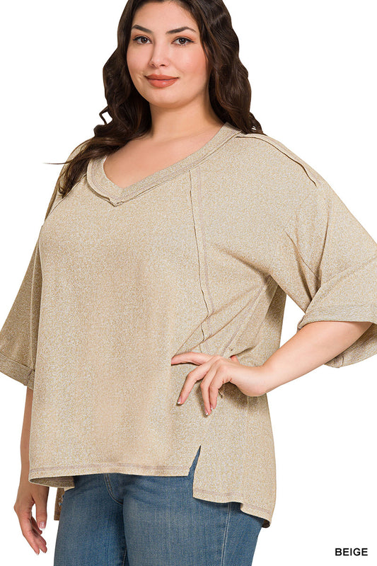 Plus soft melange exposed seam v-neck 3/4 slv hi low top