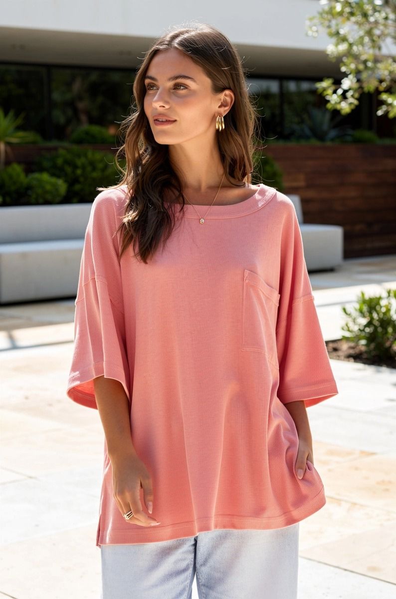 Oversized Ribbed Top-Coral