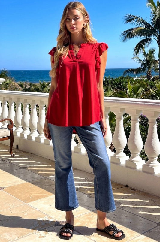 Ruffle Sleeve Top in color Red