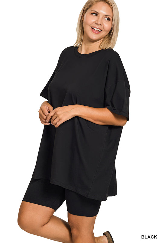 Oversized round neck top and biker shorts set