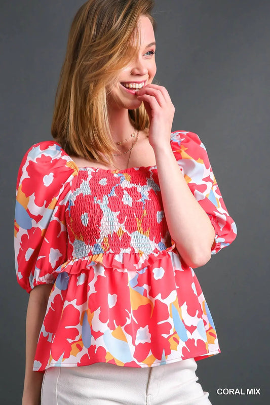 Coral Mix Umgee Floral Top