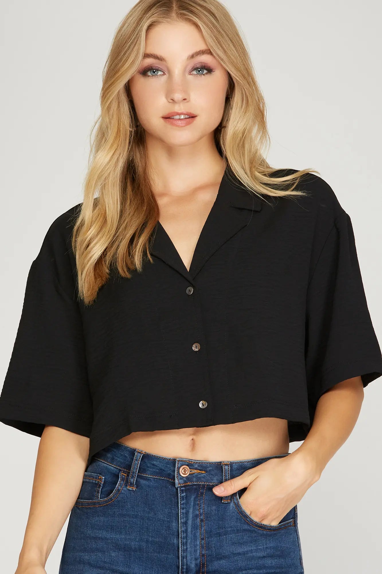 Cropped black button up