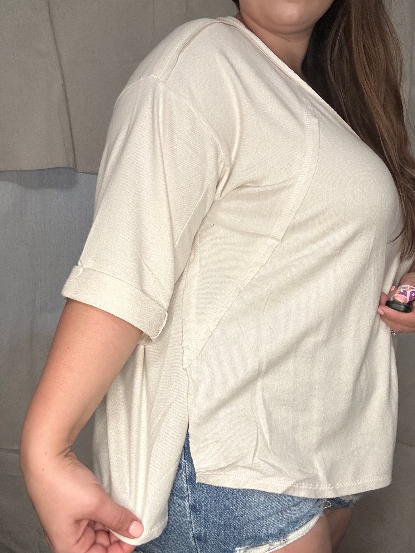 Plus soft melange exposed seam v-neck 3/4 slv hi low top