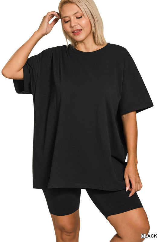 Oversized round neck top and biker shorts set