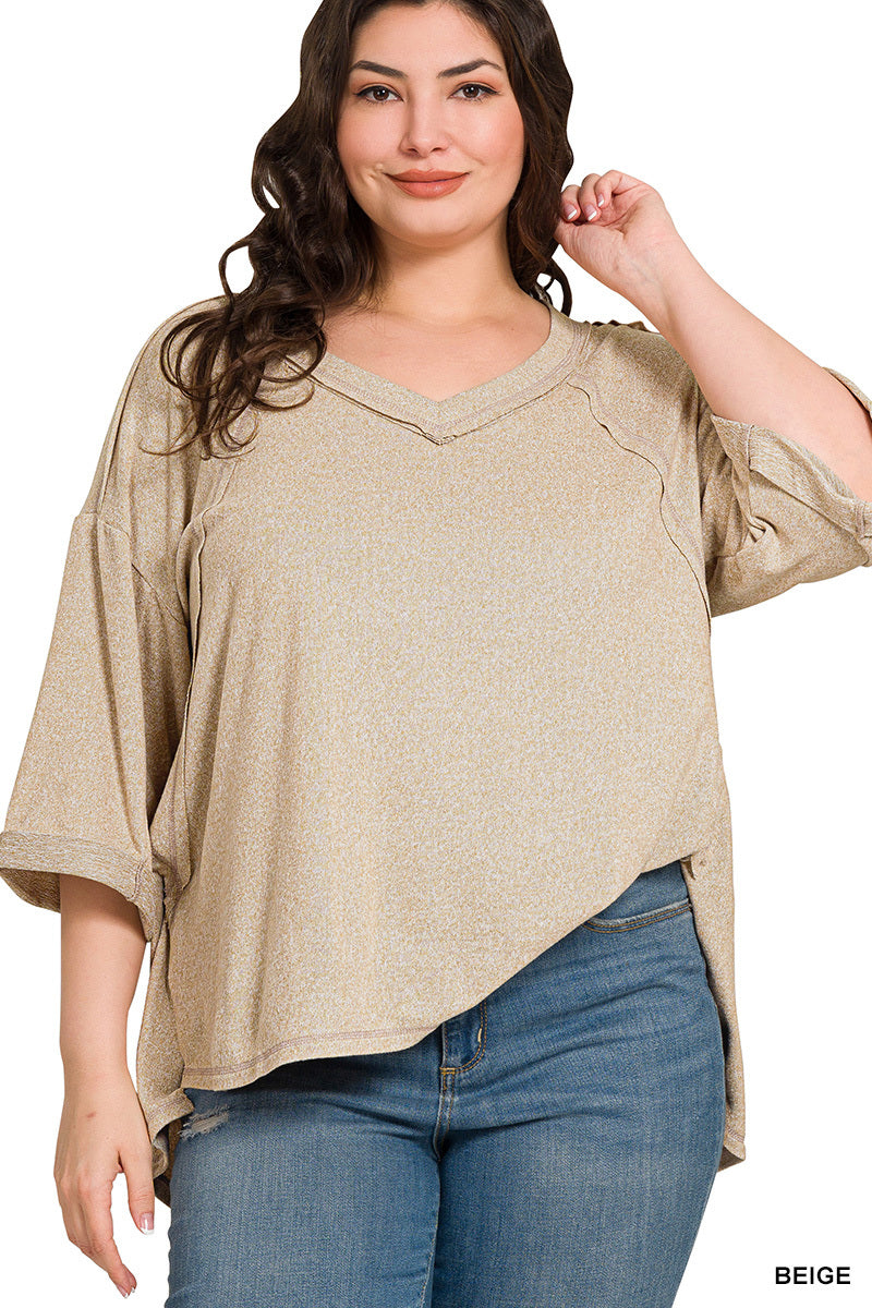 Plus soft melange exposed seam v-neck 3/4 slv hi low top