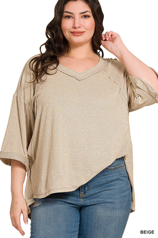 Plus soft melange exposed seam v-neck 3/4 slv hi low top