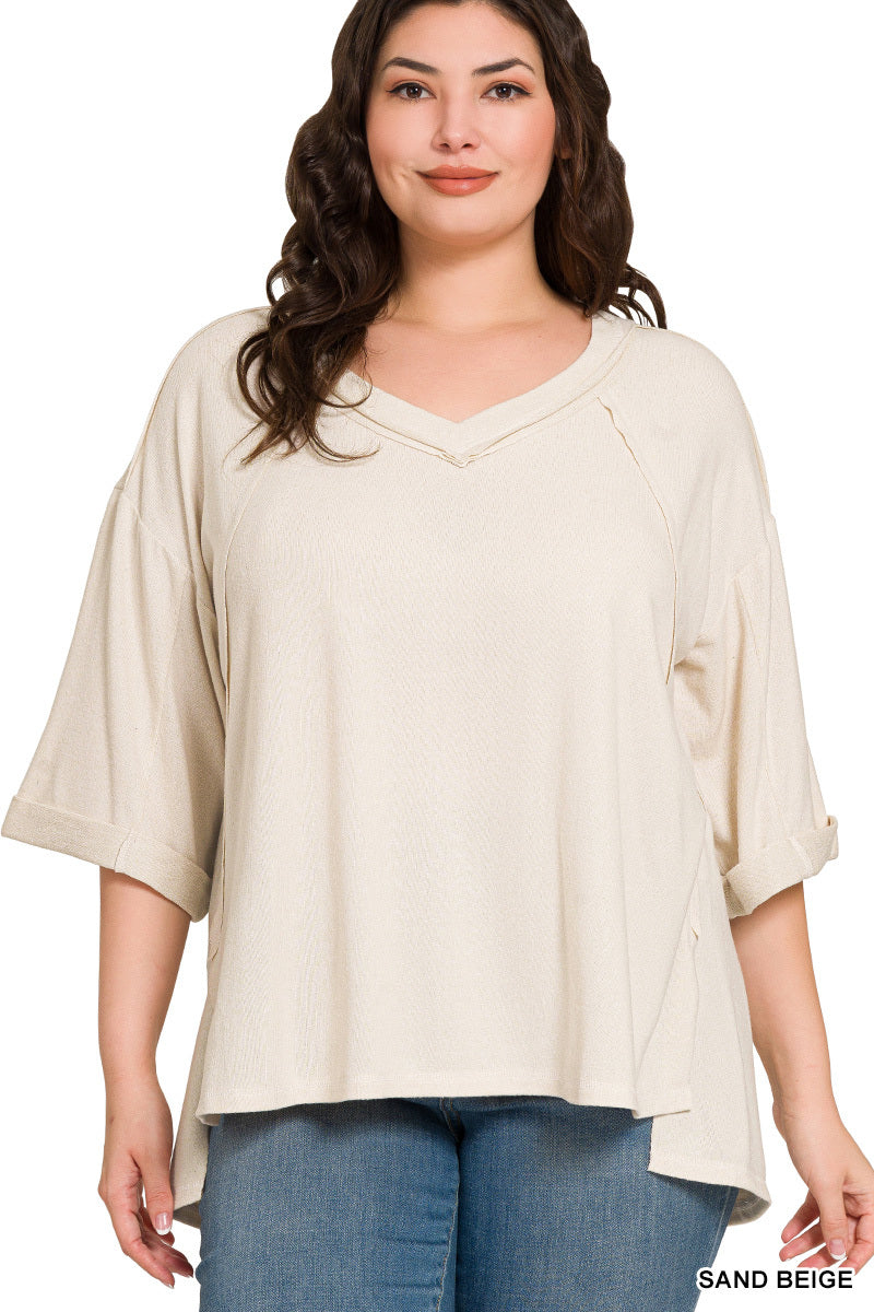 Plus soft melange exposed seam v-neck 3/4 slv hi low top