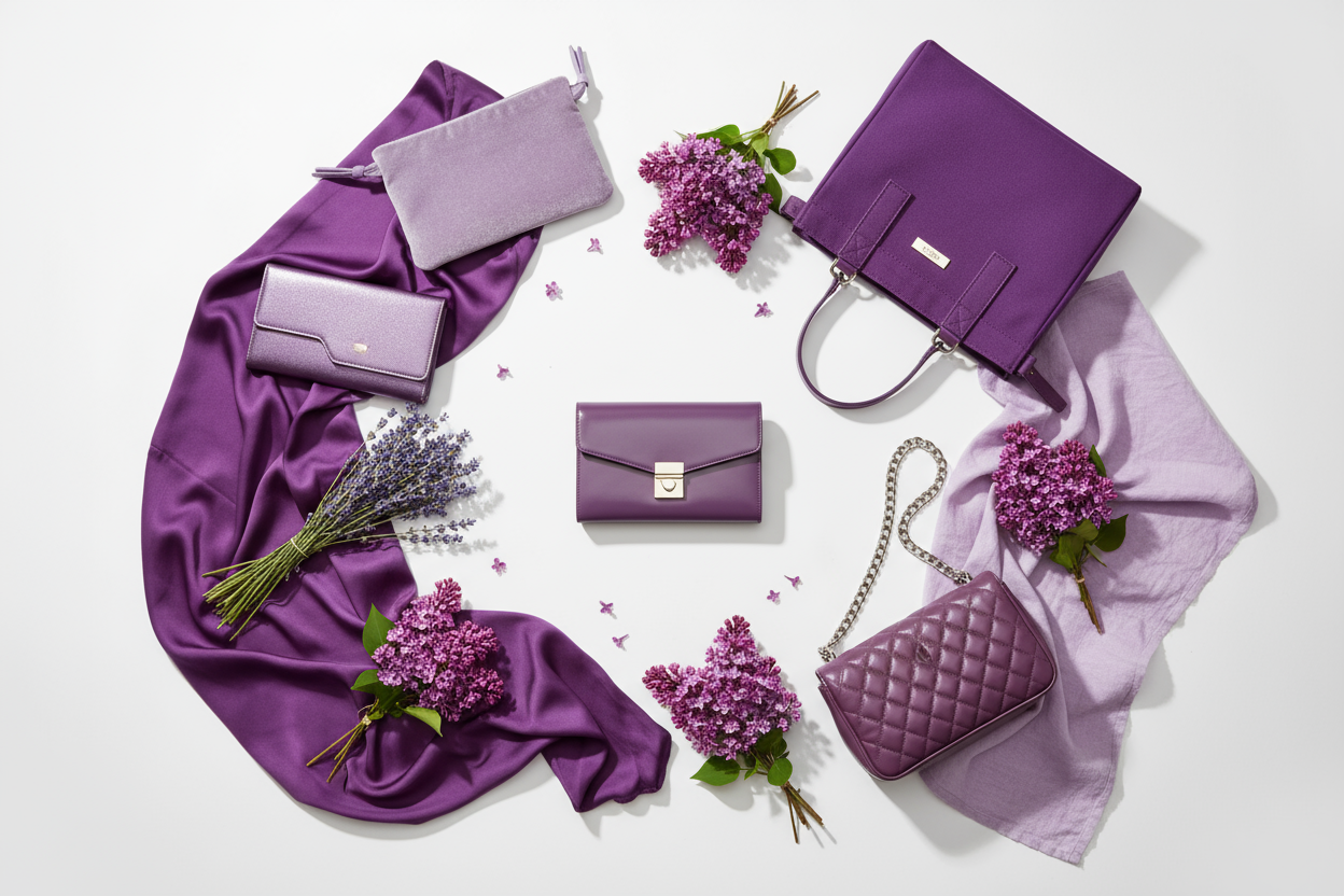 Purple flowers and cloths and purses